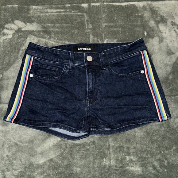 Y2K Express Shortie Relaxed Low Rise Denim Shorts Women's 00 Striped Pockets - Picture 1 of 7